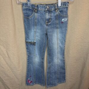Skechers Girls Denim Flare Jeans Butterfly Embroidered Size 6 Y2K Vintage